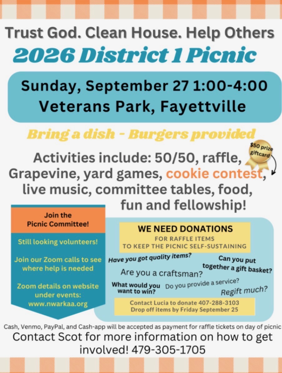 2026 District 1 Picnic flyer: Sunday September 27, 1:00 to 4:00 at Veterans Park, Fayetteville. Bring a dish, burgers provided. 50/50, raffle, Grapevine, yard games, cookie contest, live music